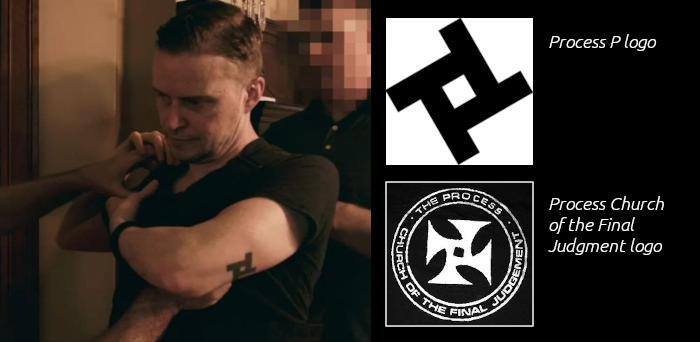 Photo of Greaves with Process logo tattoo, alongside images of Process official logo and the official logo of the Process Church of the Final Judgment