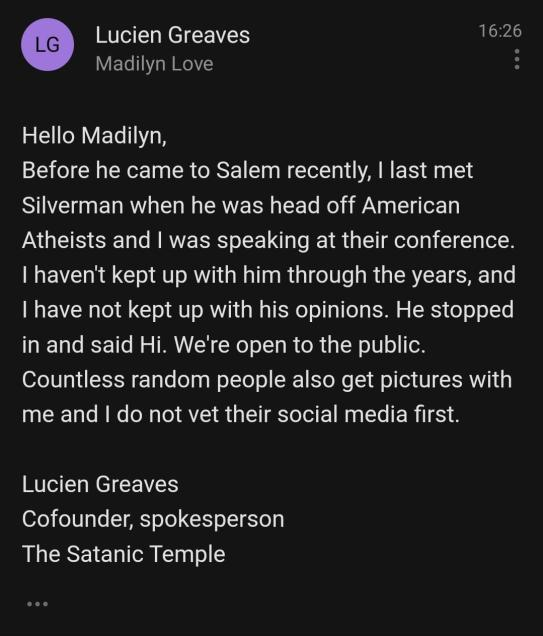 Screenshot of Lucien Greaves replying to Madilyn Love