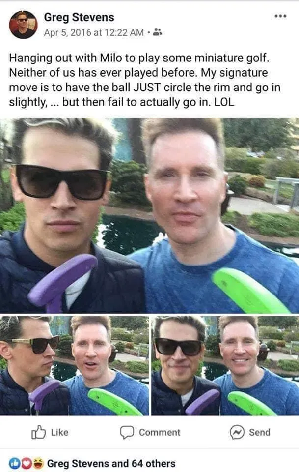 Photo of Greg Stevens and Milo Yiannopoulos posted to Stevens Facebook page in 2016