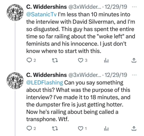 Screenshot of two now deleted tweets from Tertia Withershins regardning David Silverman's appearance on TST TV in 2019